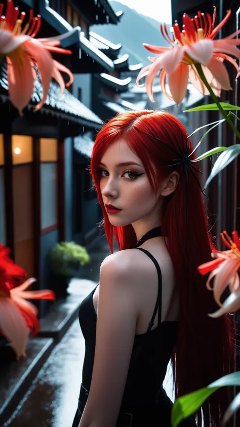 1girl, spider lily, red flowers, rain, sky, mountain, long hair, upper body, from above, Dark shot, city street, pastel goth, sexy goth girl, photo of cute 24 years old redhead woman, cinematic shot, hard shadows, photorealistic, cute face, looking at view...