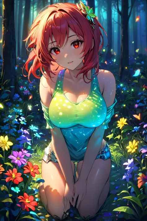 extreemely detailed, light particles floating, kneeling in the forest watching spirits, eerie aura, 
chromatic aberration, colorful forest lights during night time, oily skin, 
dynamic angle, colorful glowing flowers, night,
hair ornament, intrincate cloth...