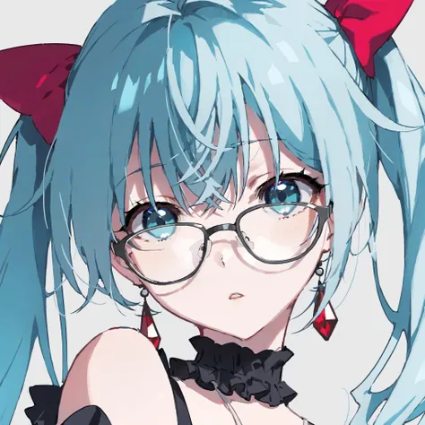 msw,solo, 1girl, jewelry, earrings, close-up, glasses, simple background, portrait, parted lips, long hair, twintails, hair between eyes, looking at viewer, bangs, white background, frills, eyelashes, bare shoulders, grey background, aqua hair, turtleneck,...