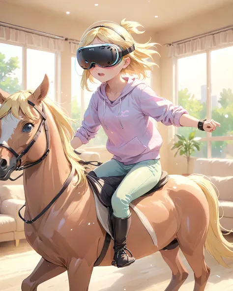 anime, pastel colors, girl riding horse, wearing vr goggle, htc vive, blonde hair, casual clothes, sweat, living room, bokeh, mo...