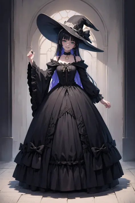 <lora:wrenchrococodome:1>, wrenchrococodome, hat, <lora:pa san by Goofy Ai:1>, pa san, green eyes, long hair, black choker, hime cut, full body, evil grin,