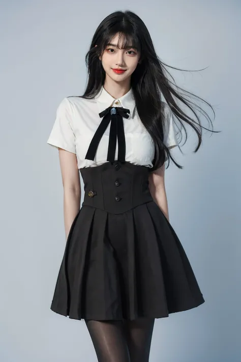 best quality, masterpiece, photorealistic, 1girl, solo, full body, standing, long black hair, straight hair, blunt bangs, looking at viewer, smile, cyb skirt, cyb shirt, high-waist skirt, neck ribbon, black pantyhose, simple background, <lora:dating_attire...