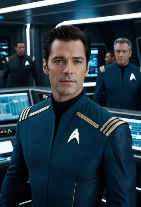 1man, a handsome starship captain, (Henry Cavill:0.7)|Hugh Jackman|Russell Crowe, well fitting futuristic space commander uniform, stubble, on the bridge of  an advanced space faring war ship, high tech computers,, crew in the background, very detailed cin...