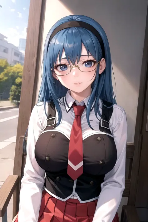 sitting,
masterpiece, best quality, high quality, highres, outdoors, day, upper body, looking at viewer, solo, focused, BREAK,
FAP_BibleBlack_JunkoMochida_ownwaifu, bible_black,
1girl, long hair, blue hair, hairband, breasts, large breasts, blue eyes, ri...
