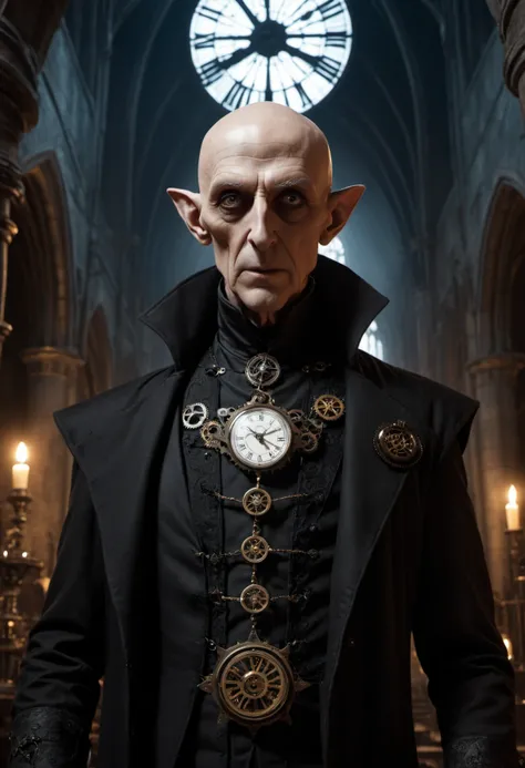 Steampunk style, cogs, clockwork machinery, night time, low angle, terrifying fierce male Nosferatu vampire lord, (gaunt face, emaciated, haunting big eyes, elderly, bald, wrinkled skin:1.3),( long fangs:1.3), tattered robes, pasty skin, dark gothic cathed...