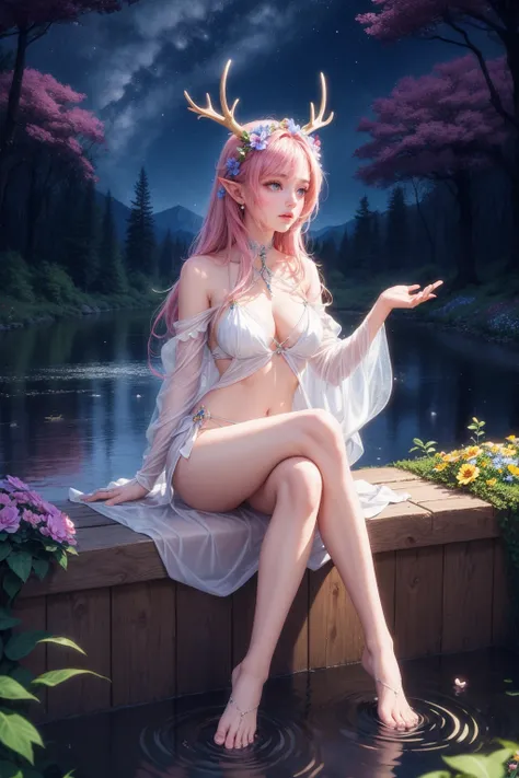 (masterpiece, top quality, best quality, beautiful and aesthetic:1.3),(1girl:1.3),(fractal art:1.3),original,extreme detailed,colorful,enchanted forest,nature,trees,dryad,antlers,pointy ears,flowers,active pose,full body,flower hair,bright color hair,glowi...