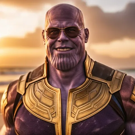 Thanos1024, a man, close up face portrait, wears sunglasses and a hippy blouse, smile, beach, sunset, highly detailed , photography, ultra sharp, film, bokeh, professional, 4k  <lora:add-detail-xl:1.5>  <lora:Thanos1024-000360:0.5>