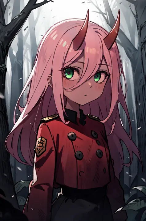 <lora:Zero_Two_Oni__Character_LoRA:1> Zero Two, 1girl, masterpiece, best quality, red uniform, long hair, red skin, red horns, pink hair, green eyes, colored sclera, outdoors, forest, night, expressionless, standing