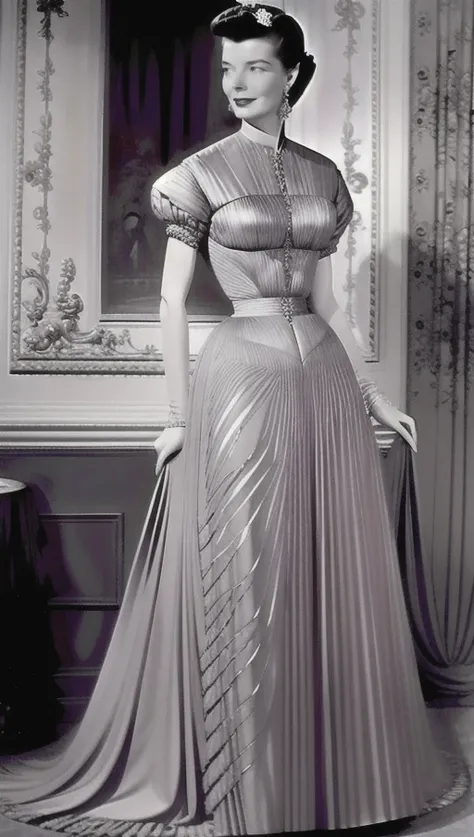 grayscale photo of Katherine Hepburn wearing a dress by Madame Gres at a party, pleated bodice, year 1938, detailed face <lora:gres_all_v1:1>