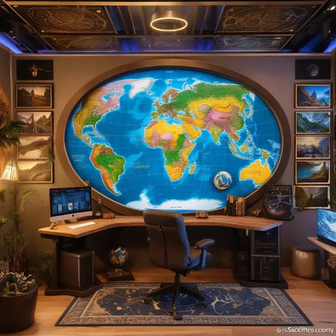 realistic dream lifelike fantasy photography, full WIDE view, computer interior design Room, hyper detailed, intricate detailed, atmospheric, worldmap, soft lighting, unreal engine 5, cinematic concept, photography masterpiece, octane render trending at cg...