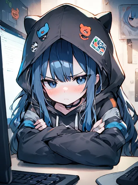 <lora:dagongrenx_xl:1>,(da gong ren),angry, 1girl, hood, blue eyes, solo, blush, long hair, looking at viewer, hoodie, crossed arms, black hair, computer, choker, indoors, monitor, bangs, closed mouth, striped, upper body, blue hair, hood up, animal hood, ...