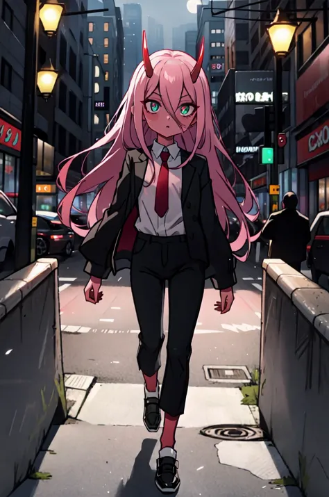 <lora:Zero_Two_Oni__Character_LoRA:1> Zero Two, 1girl, masterpiece, best quality, long hair, flat chest, (red skin), red horns, pink hair, green eyes, colored sclera, full body, black suit, white collar shirt, necktie, black pants, black shoes, city, outdo...