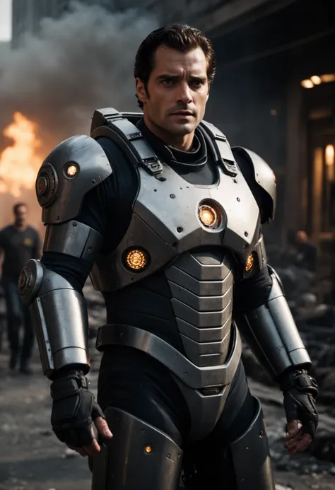 cinematic film still, darkly moody professional photograph,   (man in intricately detailed heavy duty mech suit,  pistons, armor plating, heavy weapons:1.4) , black hair, stubble, grim expression, (dirty face:1.4), (henry cavill|hugh jackman:1.3), (sweaty,...