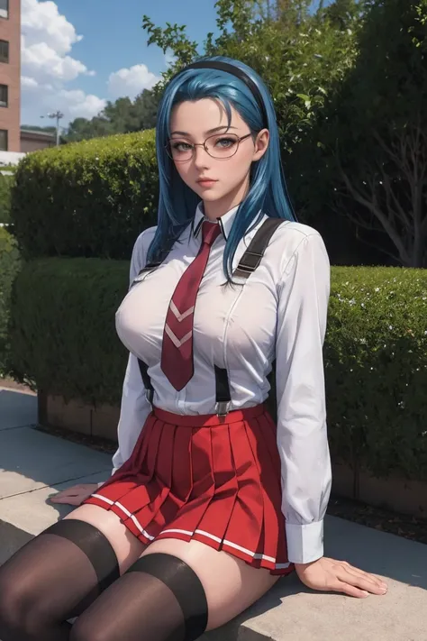 sitting,
masterpiece, best quality, high quality, highres, outdoors, day, upper body, looking at viewer, solo, focused, BREAK,
FAP_BibleBlack_JunkoMochida_ownwaifu, bible_black,
1girl, long hair, blue hair, hairband, breasts, large breasts, blue eyes, ri...