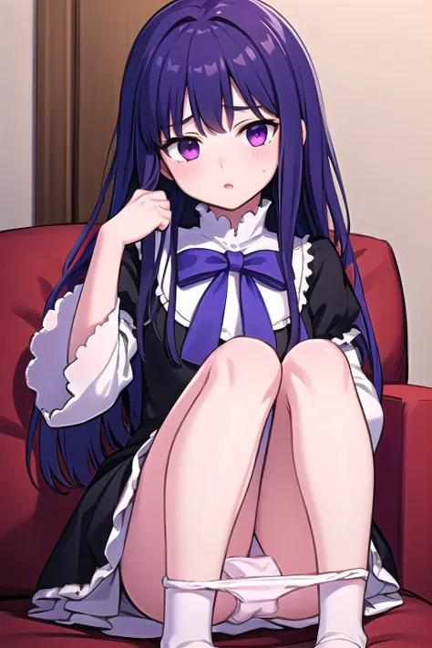 masterpiece, best quality, ultra-high-detailed, panties around ankles, panties pulled down, one pair of panties around ankles, 1girl,  frederica bernkastel, purple eyes, purple hair, long hair, purple bow, dress