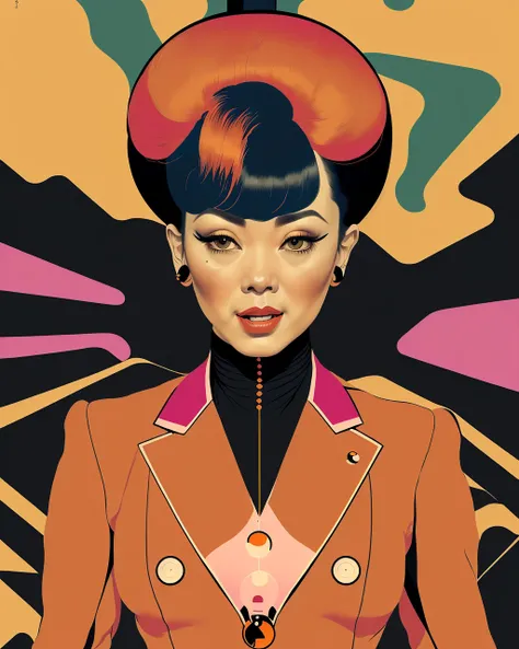 half body front laughing portrait Photography, in front of synthesizer machines with cables and wires, an American pop 60S famous woman in wool orange and pink leather suit with a 50s haircut , 80 degree view, art by Sergio Lopez , Natalie Shau, james jean...