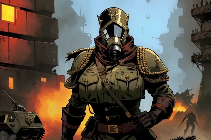 Warhammer, bold colors, (by Philippe Druillet and Juan Giménez), erotic comic illustration of a female Death Korps tank commander, (gas mask), action pose, grimdark, low fantasy, outdoors, complex background, brutalism architecture, on battlefield, 40k, wa...