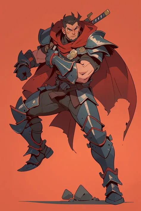 action scene,dynamic pose,masterpiece, best quality,  a man in a cape, samurai mask, heavy metal armor under the cape, metal SIC_OUTLINED, illustration, rough outlines, thick outlines <lora:SIC_outline_v1.01:0.8>, simple red background