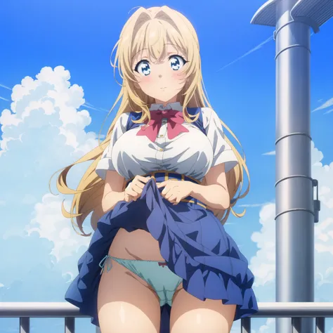 anime,anime screencap,
,best quality, masterpiece, highly detailed,1girl,solo,embarrassed,large breasts,skirt lift, lifted by self, show off panties,