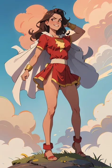 action scene,dynamic pose,masterpiece, best quality,  <lora:marymarvel-nvwls-v1:0.8> mary marvel, white cape, red dress, red skirt, short sleeves, bracer, large breasts, flex, looking at viewer, furrowed brow, grin, blue sky, clouds