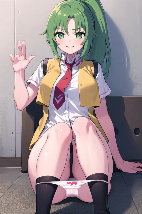 masterpiece, best quality, ultra-detailed, panties around ankles, 1girl,  panty pull, Mion Sonozaki, green hair, green eyes, ponytail, white shirt, red necktie, ((yellow vest)),