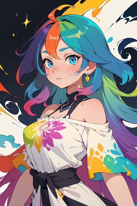 (Colored Hair: 1.2), (Rainbow Speckle: 1), (Rainbow Color Explosion: 1.2), (Color Art), (Solo: 1.2), (Front: 1.2), (All Colors of Rainbow: 1.2), (Rainbow Ink: 1.2), (Rainbow Ink Painting: 1.2), (Above Waist: 1.2), white off-the-shoulder shirt, great figure...