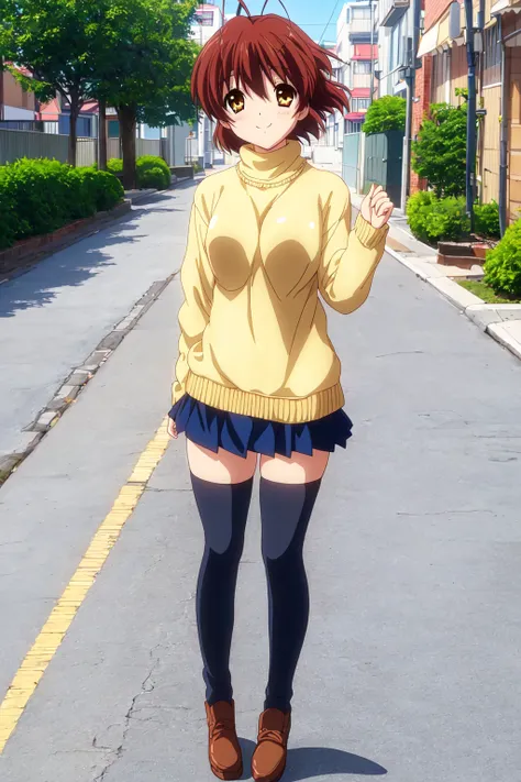 (masterpiece, best quality, highres:1.2), outdoors, street, 
1girl, full_body, furukawa nagisa, solo, ahoge,  standing, sweater, white thighhighs, 
looking_at_viewer, smile, <lora:nagisa_V20:0.8>