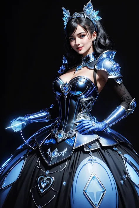 ((Masterpiece, best quality,edgQuality)),solo,1girl,smiling,excited,hands on hip,
ballgown,a woman with a blue face and a clear helmet ,wearing edgFut_clothing and [futuristic headpiece|visor] ,wearing a ballgown, neons, electric circuits,(crystals levitat...
