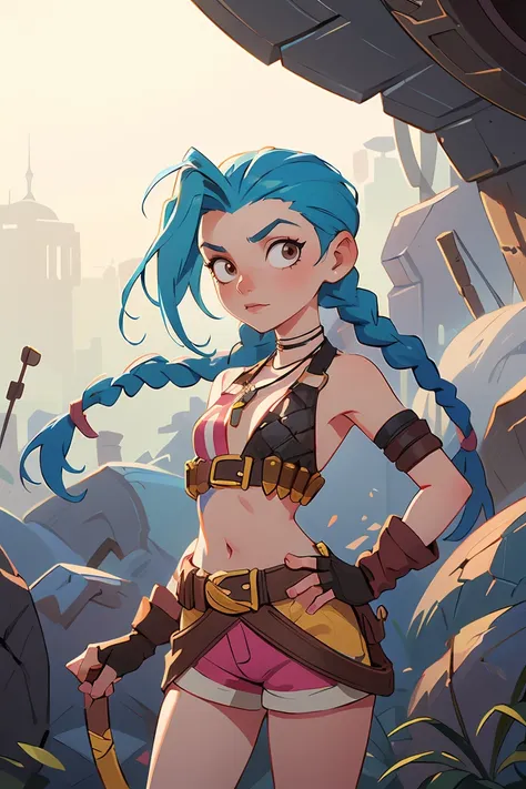 (masterpiece, best quality:1.2),intricate details,<lora:jinx_default_lol:0.8>,jinx (league of legends),1girl,twin braids,single elbow glove,short shorts,bikini top only,necklace,belt,bullet,fingerless gloves,<lora:Animated characters:0.4>,barren planets,<l...