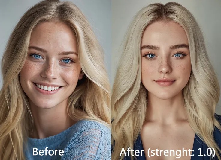 beautiful lady, (freckles), big smile, blue eyes, long hair, dark makeup, hyperdetailed photography, soft light, head and shoulders portrait, cover, blonde hair, supermodel face <lora:Beautify-Supermodel-SDXL:1>