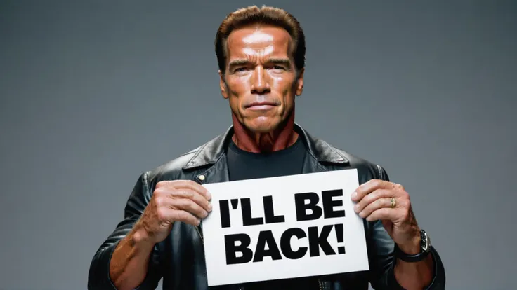 Photo of Terminator Arnold Schwarzenegger with a sign that says "Ill be back"