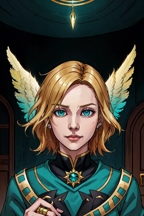 Beautiful Very Very Beautiful History Painting of a an anime girl with feather wings holding a ring, in the style of light turquoise and light gold, simplified and stylized portraits, undefined anatomy, goblin academia, detailed facial features, 2d game ar...