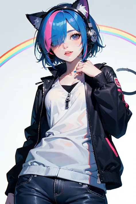 (best quality, masterpiece:1.1),   cowboy shot, from below,    (1female), aroused face, rainbow hair, absurdly short hair, hair over one eye,        (Neko Headphone:1.05), Unzipped Jacket,