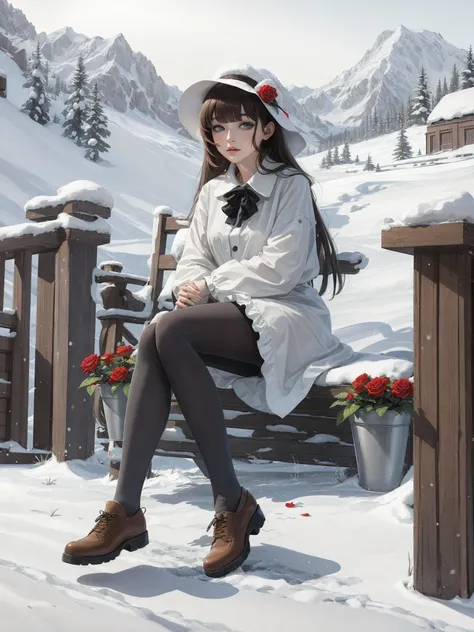 masterpiece, best quality, winter, snow field, 1girl, bangs, blue eyes, blunt bangs, bonnet, brown footwear, brown hair, dress, frills, fruit, full body, hat, long hair, long sleeves, looking at viewer, purple dress, red flower, red rose, rose, shoes, sitt...