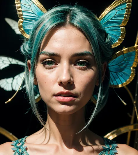 8k portrait of beautiful with white blue gradient hair, intricate, elegant, highly detailed, majestic, golden, surreal painting green lights butterfly filigree, broken glass,  hdr