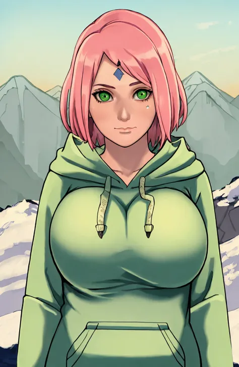 masterpiece, 1girl, green eyes, nose, pink hair, huge sagging  breasts, closed mouth,  looking at viewer, forehead mark, short hair, wearing a ( hoodie), background: snow covered mountain,  solo, (((upper body))),  <lora:Reinbach Style - c_20:1>,  <lora:Sa...