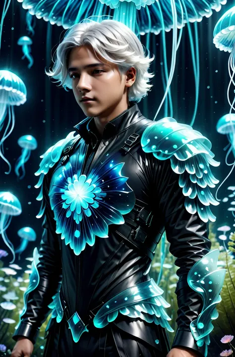 masterpice, photorealistic highly detailed 8k photography, best cinematic quality, <lora:HaDeS_Armor_XL_V2.0-000004:1> white hair flaps boy in chhdsrmr hlhdsrmr nhdsrmr, Glowing Jellyfish Gardens background