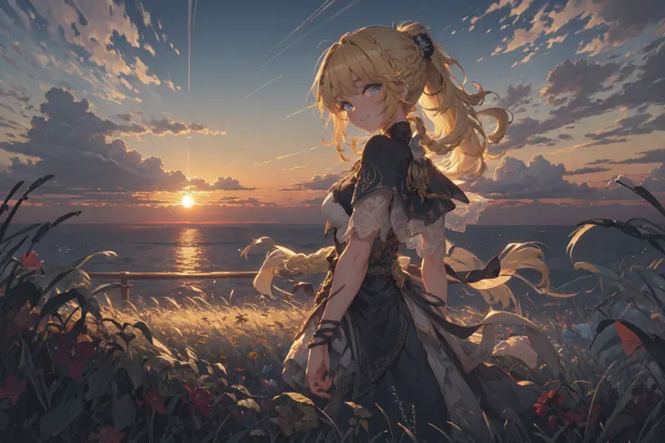 (masterpiece, best quality, detailed background, extremely detailed:1.4) BREAK 1girl, solo, yellow hair, blue eyes, braid, long hair, wavy hair, fluffy hair, ponytail, french braid, blush, smile, capelet, lace trim, bodice, sunset, dusk, scenery, high plac...