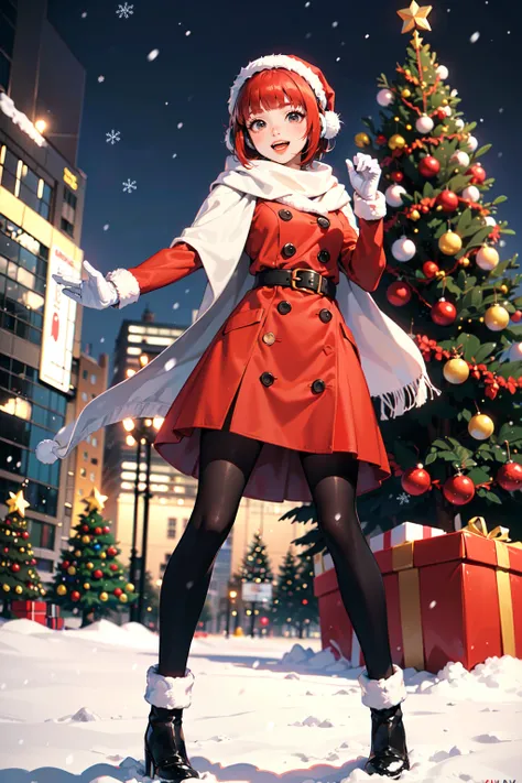 (best quality, masterpiece:1.1),   full body, from below,    (1female), joyful face, red hair, absurdly short hair, blunt bangs,        winter clothes, earmuffs, gloves, white scarf, ( (Christmas tree, christmas), snow, (public square:1.2)),