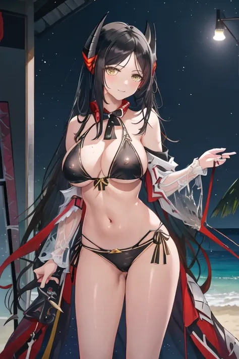 best quality, masterpiece, highres, solo, {night:1.10}, {starry sky:1.10}, beach, beautiful detailed sky, {extremely detailed background:1.20}, {ines_arknights:1.15}, {standing:1.10}, looking at viewer, {bikini:1.30}, black_hair, long_hair, yellow_eyes, ho...