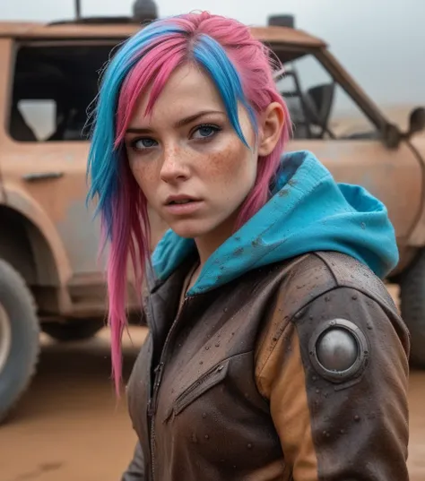 18 year old,
sweaty from the heat of the desert,
thirsty and dehydrated like in a mad max scene,skinny ,
wrapped,
sunburn,( tanlines:1.4), freckles,
cloudy rain, refreshing precipitation,
(Mad Max Girl:1.3), (Rally Dakar:1.1), mechanics girl with oil blobs...