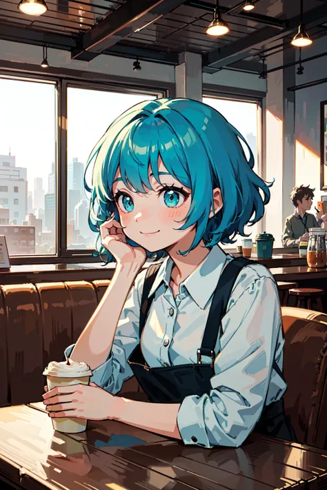 (best quality, masterpiece:1.1),   upper body, sideview,  (facing up:1.2), looking down, (1female), happy face, cyan hair, short hair, messy hair,        (at a cafe), ( (coffee shop)),