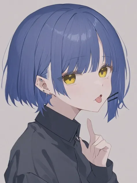 <lora:liang:1>,1girl,piercing,solo,tongue,mole_under_eye,mole,yellow_eyes,bangs,looking_at_viewer,ear_piercing,short_hair,shirt,blue_hair,simple_background,upper_body,hair_ornament,long_sleeves,jacket,collared_shirt,sleeves_past_wrists,black_shirt,hairclip...