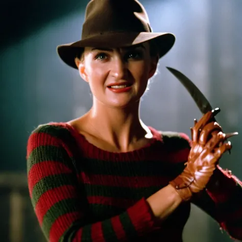 cinematic film still of <lora:Freddy Krueger:1>
Freddy Krueger a naked woman in a hat and striped shirt with perfect naked breasts and perfect nipples from A Nightmare on Elm Street movie with glove made of knives, shallow depth of field, vignette, highly...
