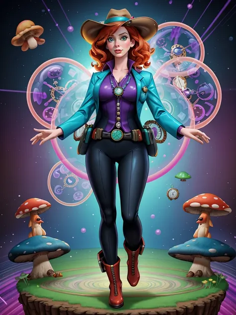 [Christina Hendricks|Debra Messing], Buckaroo Banzai Across the 5th Dimension, mushrooms, acid, flying pocket watches, vibrant colors, temporal vortex,