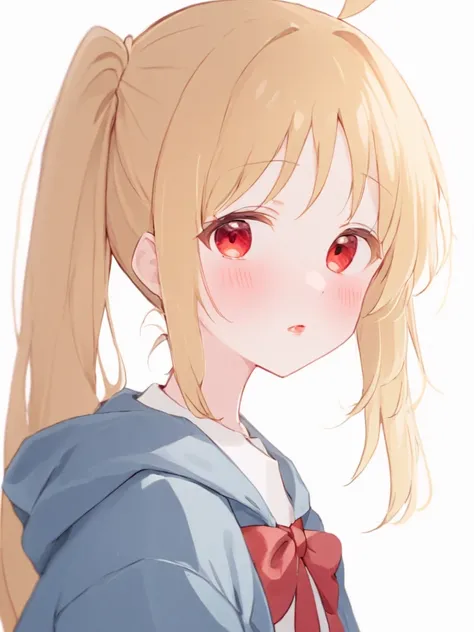 <lora:hongxia:1>,1girl, ijichi_nijika, solo, side_ponytail, blonde_hair, long_hair, looking_at_viewer, white_background, red_bow, shirt, white_shirt, bow, ahoge, collared_shirt, hood, simple_background, sidelocks, bangs, jacket, upper_body, blush, hooded_j...