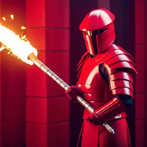 cinematic film still of  <lora:Elite Praetorian Guard:1.5>
Elite Praetorian Guard a man in a red suit holding a voulge weapon with fire in the background, shallow depth of field, vignette, highly detailed, high budget, bokeh, cinemascope, moody, epic, gorg...