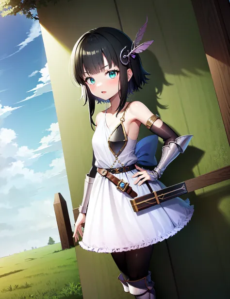 (best quality, masterpiece, detailed, highres:1.4), 1girl, solo, green eyes, dress, black hair, white dress, pantyhose, hair ornament,  armor, black pantyhose, boots, shoulder armor, sheath, belt, looking at viewer, bangs, gloves, short hair, feather hair ...