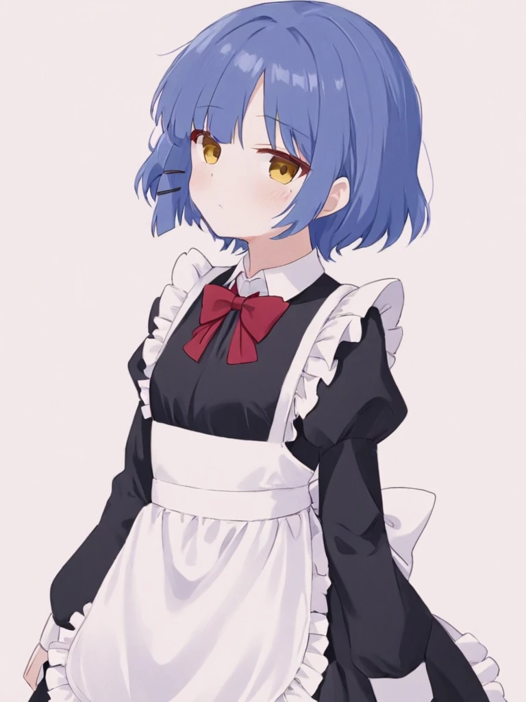 <lora:liang:1>,1girl, solo, blue_hair, red_bow, yellow_eyes, short_hair, bow, mole_under_eye, hair_ornament, long_sleeves, mole, apron, maid, frills, red_bowtie, simple_background, hairclip, dress, bowtie, bangs, black_dress, closed_mouth, enmaided, white_...