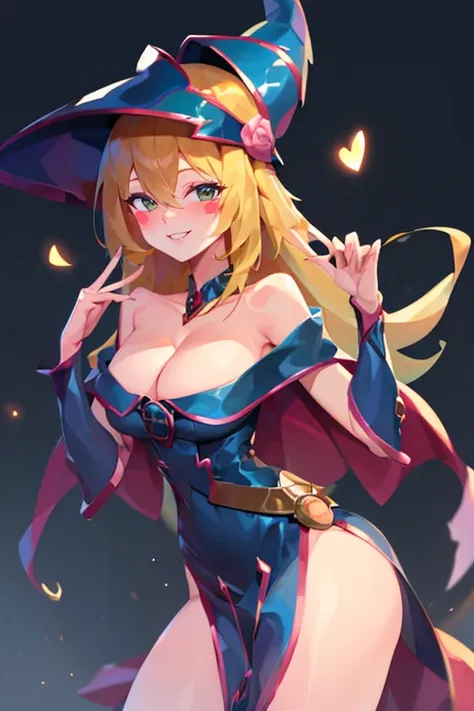 <lora:Iota:0.6>, , ((masterpiece,best quality)),  absurdres, <lora:dark_magician_girl_v1:0.7>, hmdmg1, wizard hat, blush, blush stickers, cleavage, bare shoulders, dress, off shoulder, solo, smiling, looking at viewer, cowboy shot,